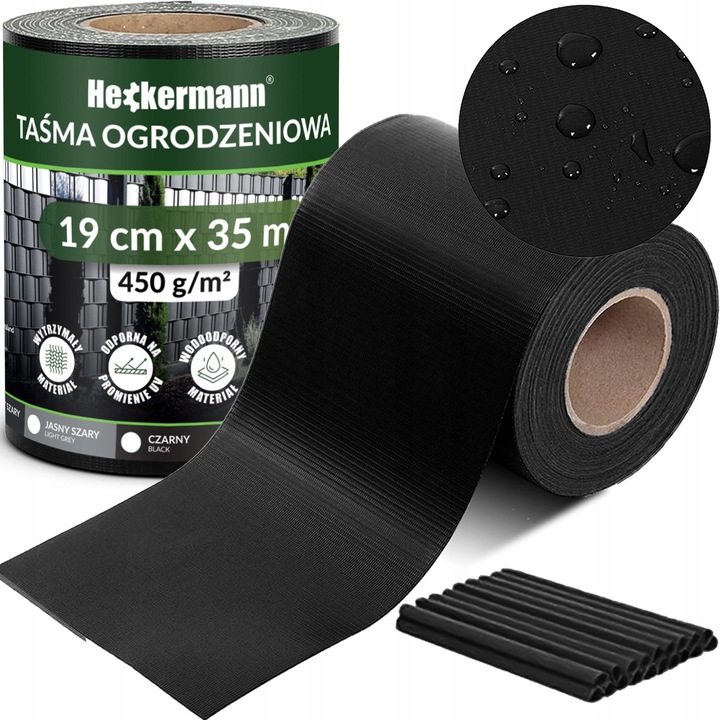 Banda adeziva neagra pentru gard, acoperire cu panouri UV, 19 cm x 35 m - Heckermann