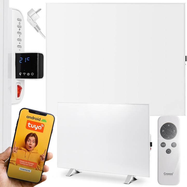Panou incalzire cu infrarosu Cronos CRP-300TWP, 300W, alb, cu termostat WiFi, control aplicatie TUYA