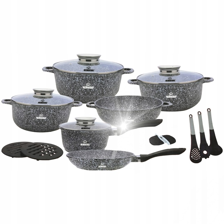 Set 17 oale si tigai ceramice cu marmura, Hemberg, Negru marmorat