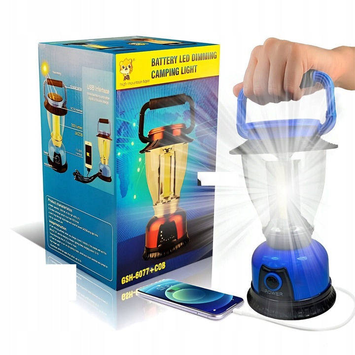 Lampa camping solara GSH-6077TC+COB, 300 lumeni, incarcare solara si USB, albastra