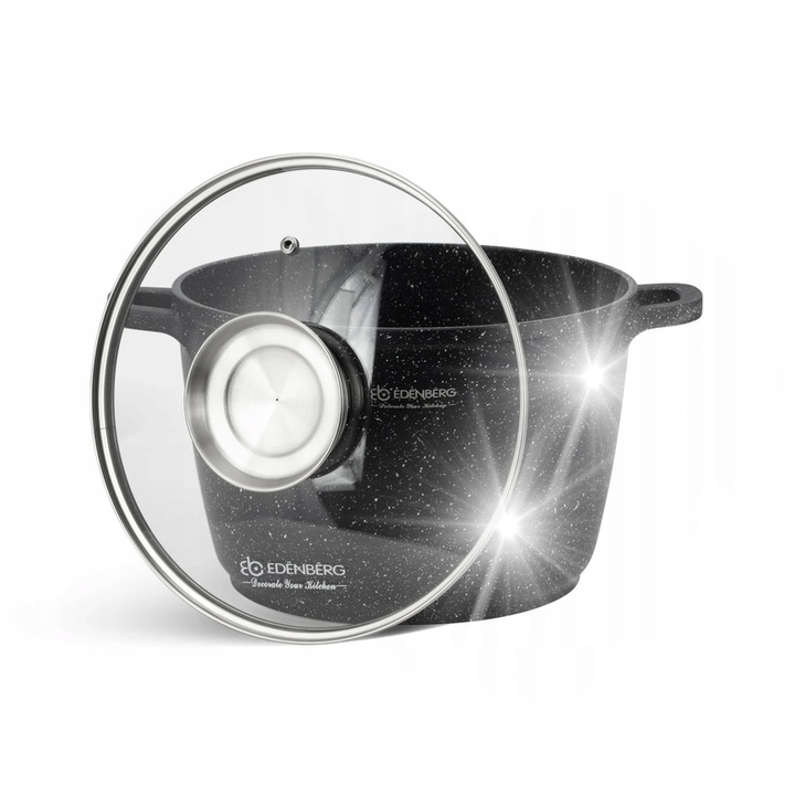 Oala rotunda cu capac 10L, Edenberg, marmura, 28cm, neagra