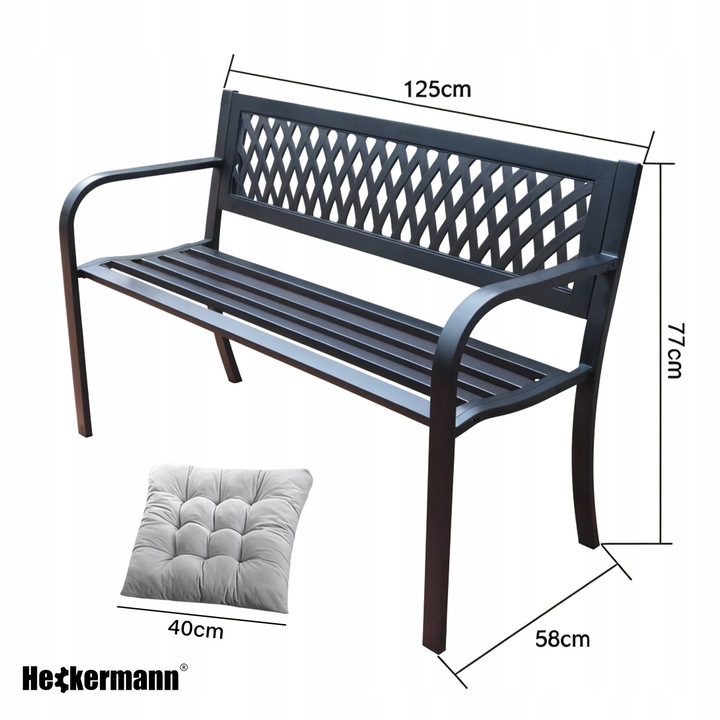 Heckermann HM-125 kerti pad, pad, elektrosztatikusan festett fém, időjárásálló, 2 db 40 cm-es párnával, fekete, 125x58x77 cm