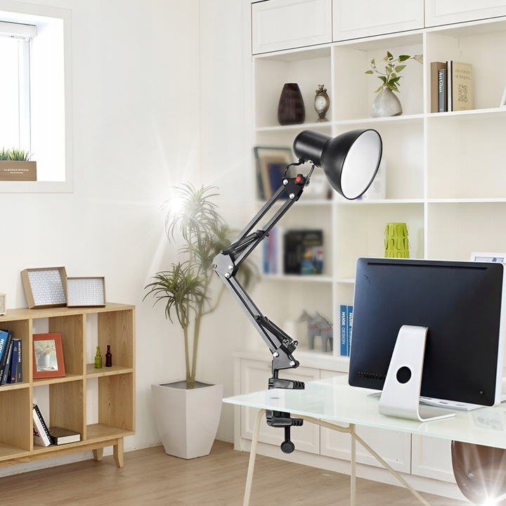 Lampa de birou pentru citit, neagra, stil loft, 66x12,5cm, cu reglare intensitate luminoasa