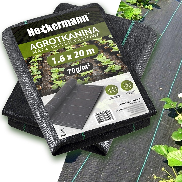 Gyomirtó fátyolfólia (gyomgátló) Heckermann Premium 70 g/m², UV-álló, vízáteresztő, fekete, 1,6x20 m