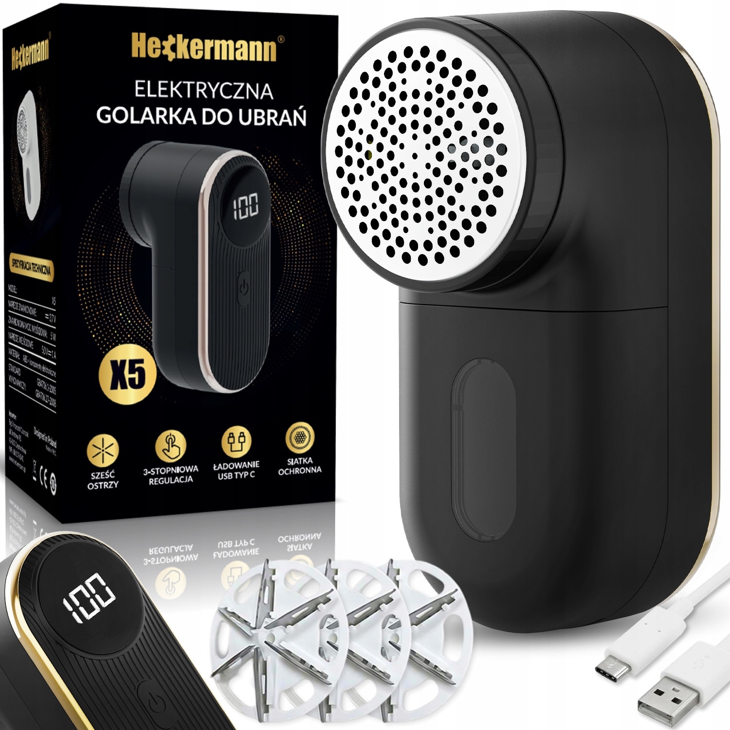 Aparat de ras pentru tesaturi Heckermann X5, 6 lame, negru, USB-C