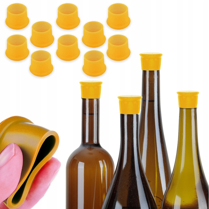 Set 10 bucati dopuri din silicon pentru sticle, galbene, 3.5x2.6cm