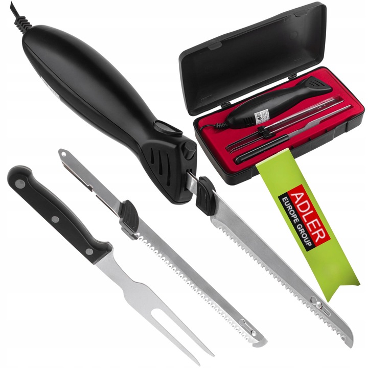 Set cutit electric pentru paine, 2 cutite, furculita, cutie de depozitare, inox, 29cm