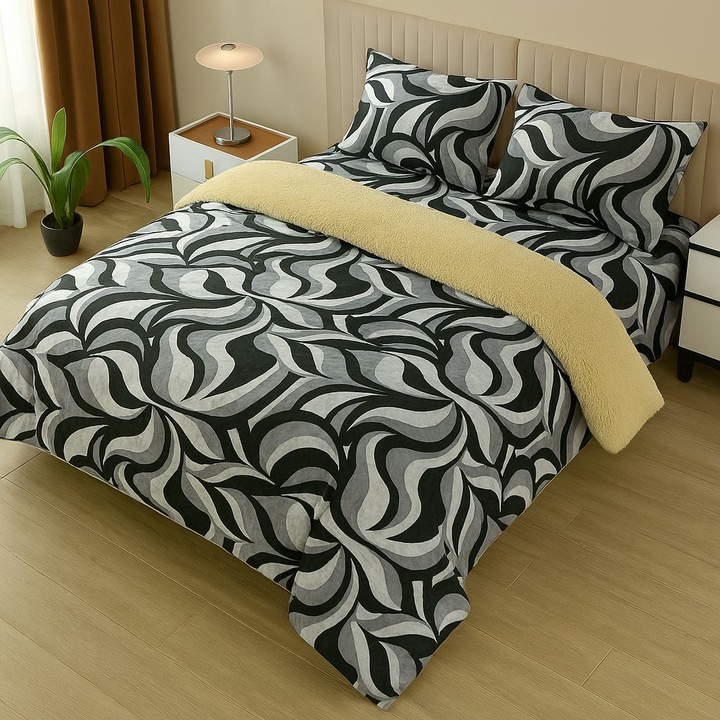 Set Lenjerie de Pat cu Blanita, 4 Piese, Cearceaf cu Elastic 180x200 cm, Husa Pilota 200x230 cm si Fete de Perna 55x80 cm