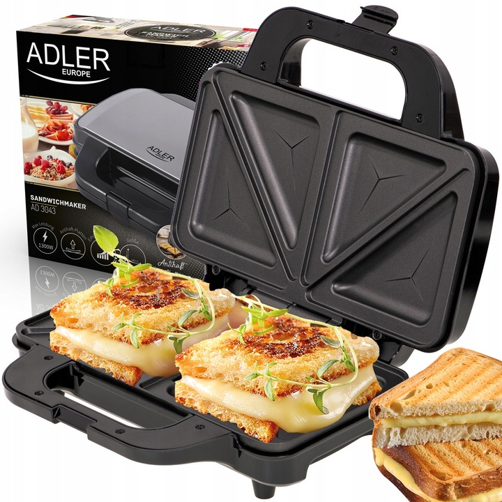 Opiekacz Sandwich XXL ADLER 1300W, placi neaderente 28,5x15,2cm, termostat, design elegant