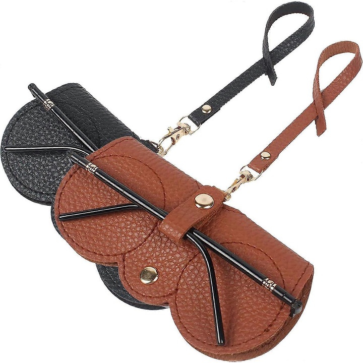 Geanta pentru ochelari, din piele, design portabil, negru/maro, 2 buc