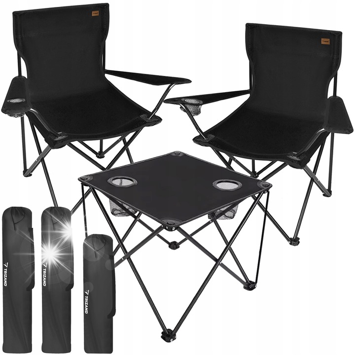 Комплект 2 сгъваеми рибарски стола и туристическа маса, Trizand, черен, материал Oxford 600D, максимално тегло на потребителя 100 кг