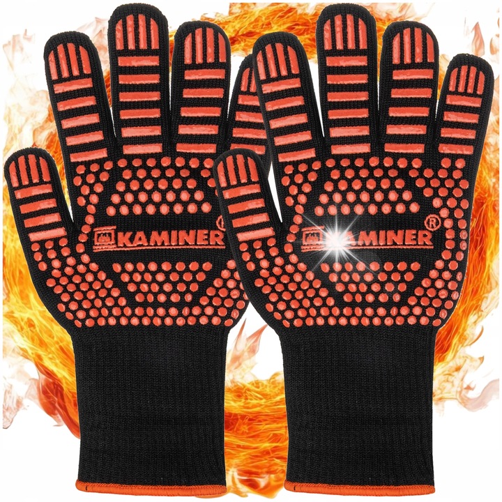 Kaminer grill kesztyű, hőálló, csúszásgátló, szett, fekete/narancssárga, 32x12,5cm