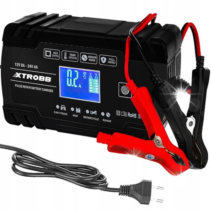 Incarcator automat pentru acumulatori 12V/24V, Xtrobb, protectie completa, panou tactil, negru, 17x10cm