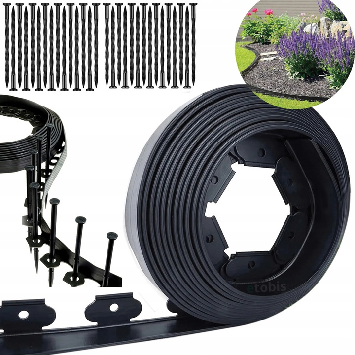 Set margine de gazon 10m, 50x5cm, 30 ancore, plastic, negru