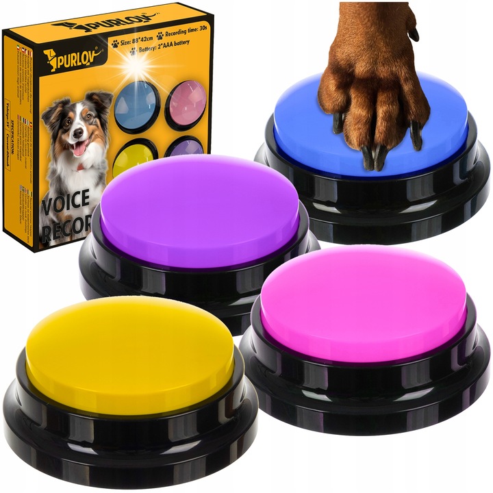 Set butoane de comunicare pentru caini Purlov, 4 bucati, culori prietenoase, dimensiune 8,8x4cm