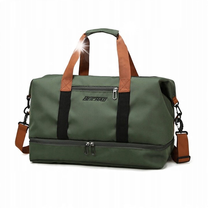 Utazótáska, márkajelzés nélküli, nagy űrtartalmú, khaki, 46x25x38cm