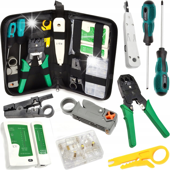 Set unelte retea, tester cabluri, 19 elemente, multicolor