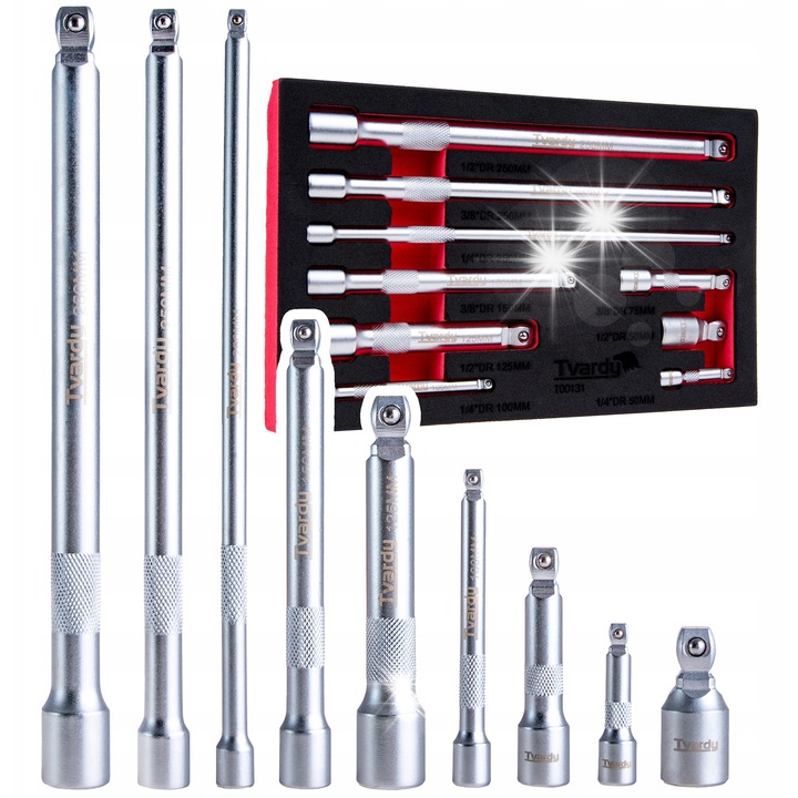 Set prelungitoare unghiulare Tvardy 1/4", 3/8", 1/2", 9 piese, din otel Cr-V, dimensiuni variate, 28x17cm