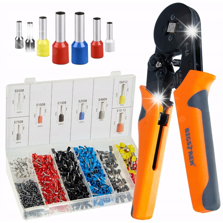 Krimpelő fogó 1200 cső terminállal rendezőben, BIGSTREN, 0,25-10 mm, fekete-narancssárga, 17x7x2 cm