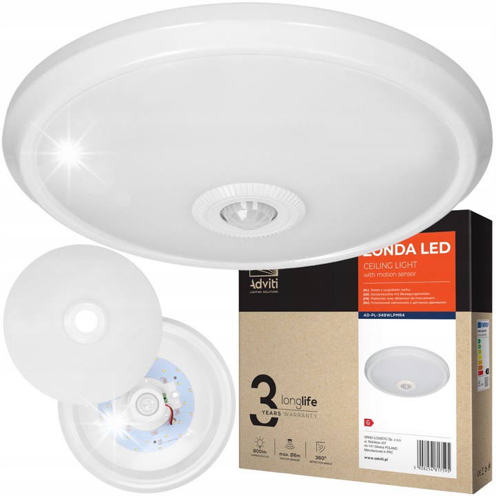 Adviti LED mennyezeti lámpa mozgás- és alkonyatérzékelővel, 12W, fehér, 290x65mm, szerelési útmutatóval