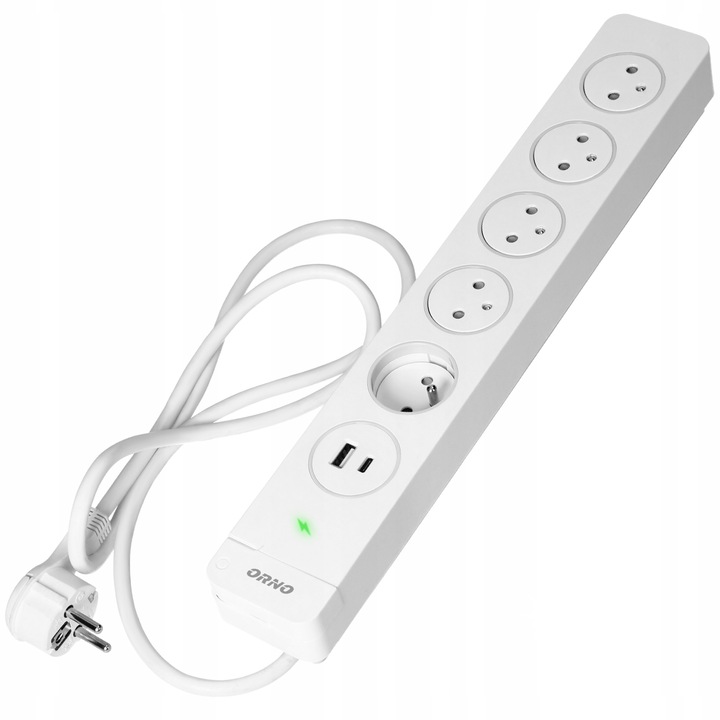 Разклонител за захранване с 5 гнезда, Orno, USB, Бял, 1.5м