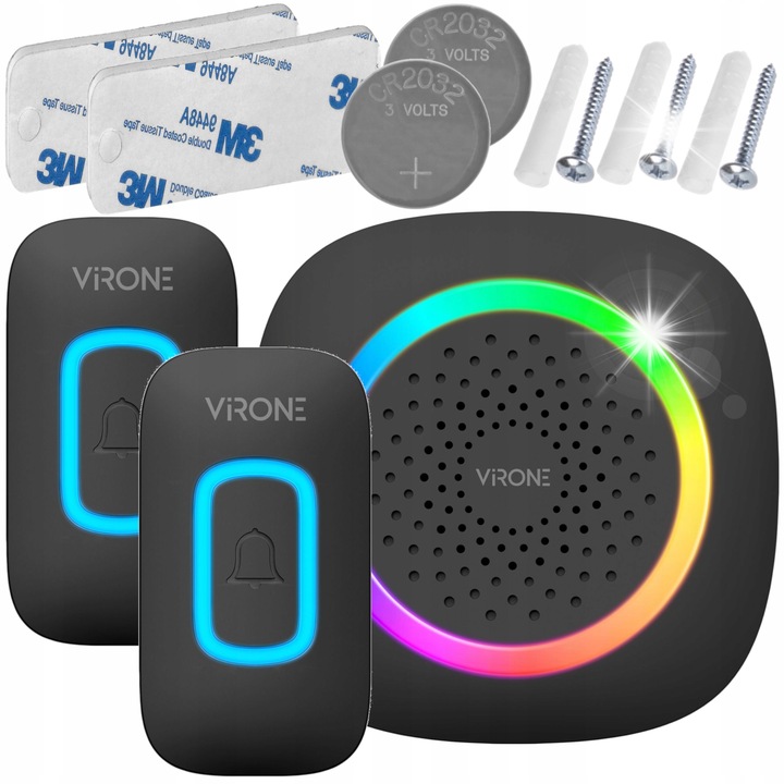 Sonerie electrica fara fir, Virone, model DB-6/B, set 2 butoane si 1 receptor, waterproof, LED RGB, 300m raza de actiune, 60 melodii