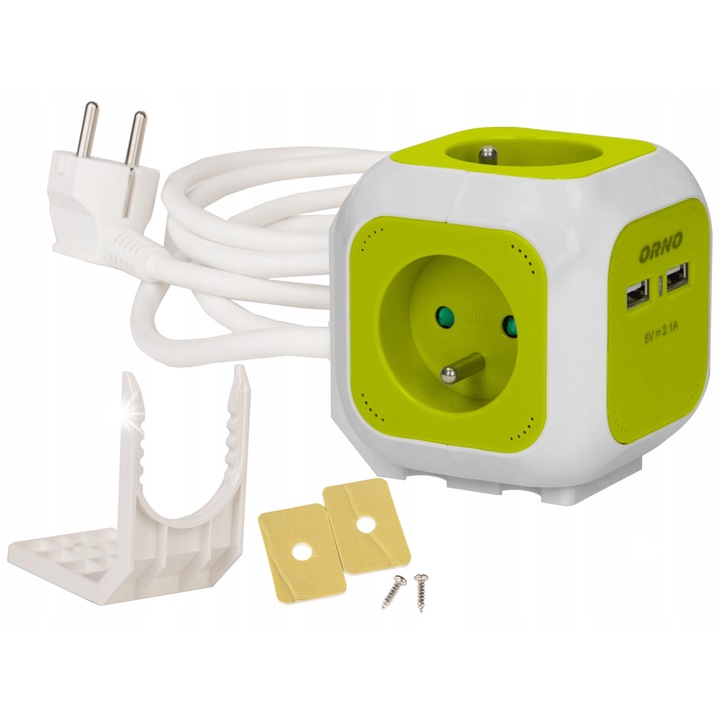 Prelungitor Orno 4 guri + 2 incarcatoare USB, 1,4m, IP20, 10A