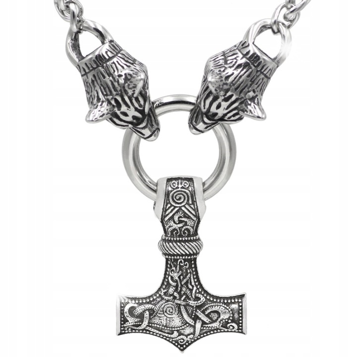 Colier pentru barbati, ITIMPORT, model 303, simboluri nordice, argintiu, 60cm