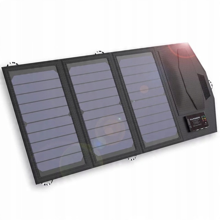Incarcator solar AllPowers 21W, panouri solare 5V, 2 porturi USB, dimensiuni 64x30x2cm, set complet cu accesorii