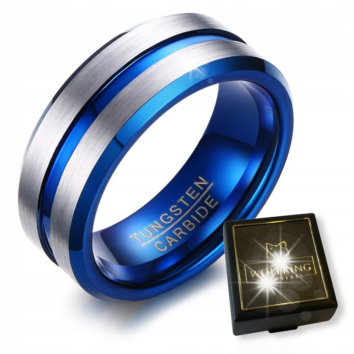 Inel din tungsten WOLFRING, 8mm, argintiu/albastru, set cu cutie eleganta