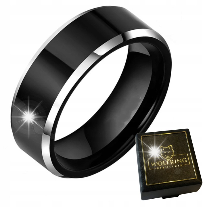 Inel din tungsten WOLFRING, model R10, rezistent la zgarieturi, argintiu/negru, marimea EU19/US09, set cu cutie eleganta.