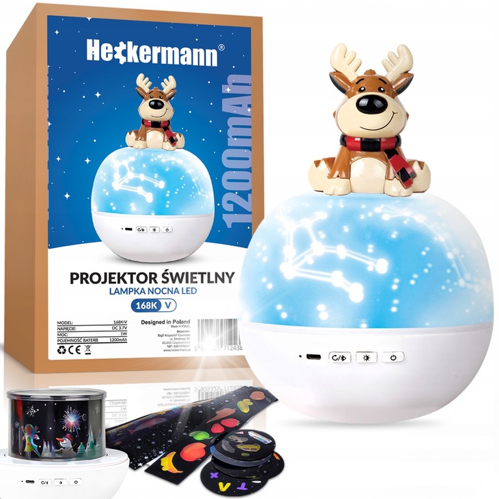 Proiector de stele Heckermann 168K-V, lampa de veghe LED, Bluetooth, set cu 6 modele, ren, 129x129x145mm