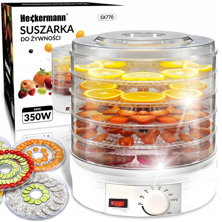 Deshidrator Heckermann 350W, 5 etaje, temperatura reglabila 35-70°C, transparent