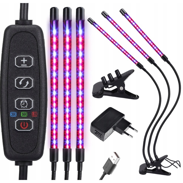 Lampa LED pentru plante, Heckermann Home&Garden, 3 capete flexibile, 60 LED-uri, negru, 27W