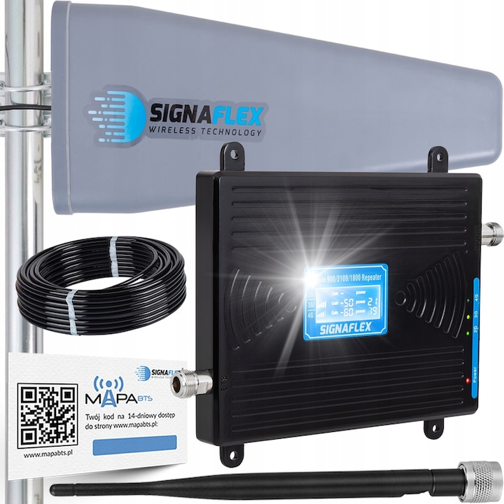 Set amplificator semnal GSM/3G/4G LTE, antena directionala T2 23 dBi, antena interna bat, negru, 5000 m²