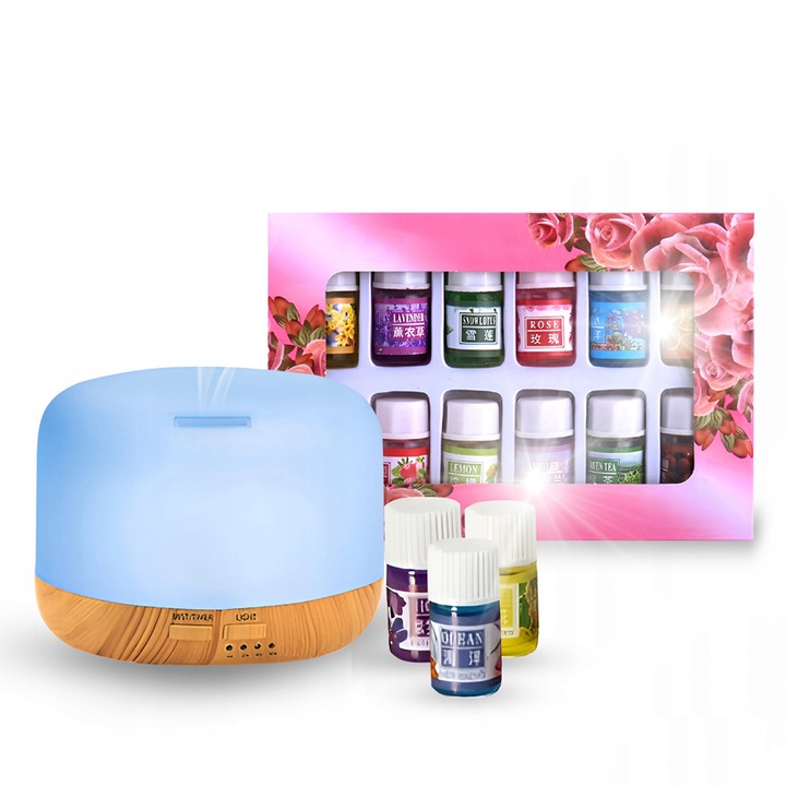 Párásító éjszakai lámpával, aroma diffúzor, 12 illóolaj, fehér, 13,3x10cm