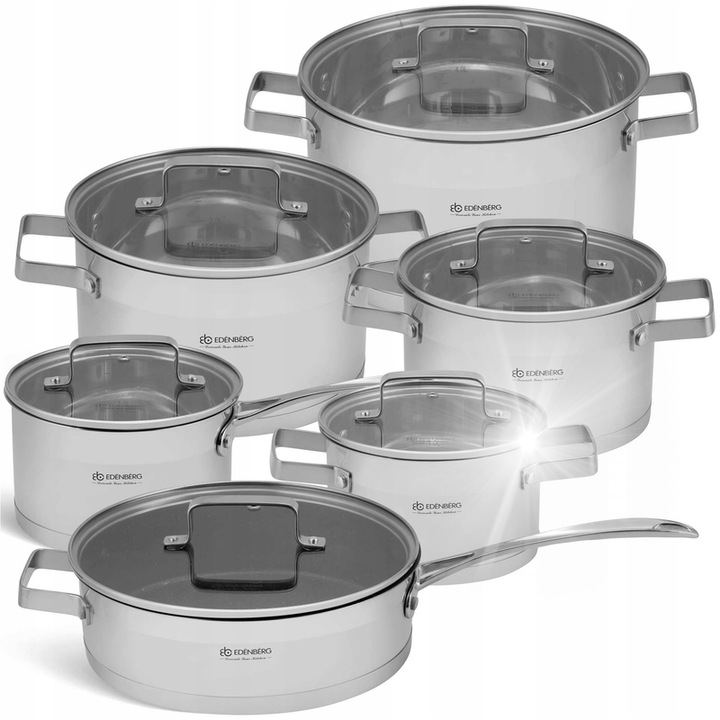 12 részes Edenberg rozsdamentes acél edénykészlet fedővel, 6.1L, 3.6L, 2.7L, 1.9L, 1.9L, többszínű