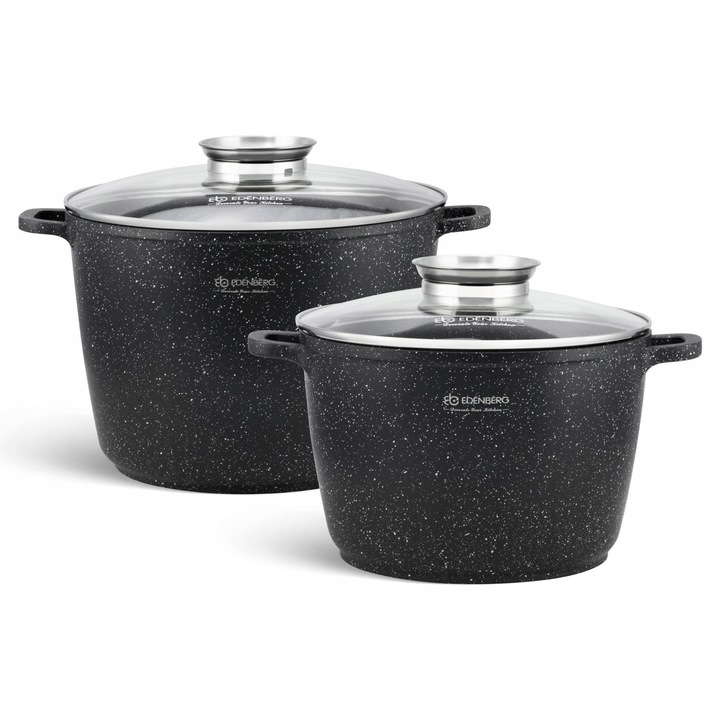 Edenberg edénykészlet, 2 darab, 6.2L és 10.2L, fekete, márvány, üvegfedővel
