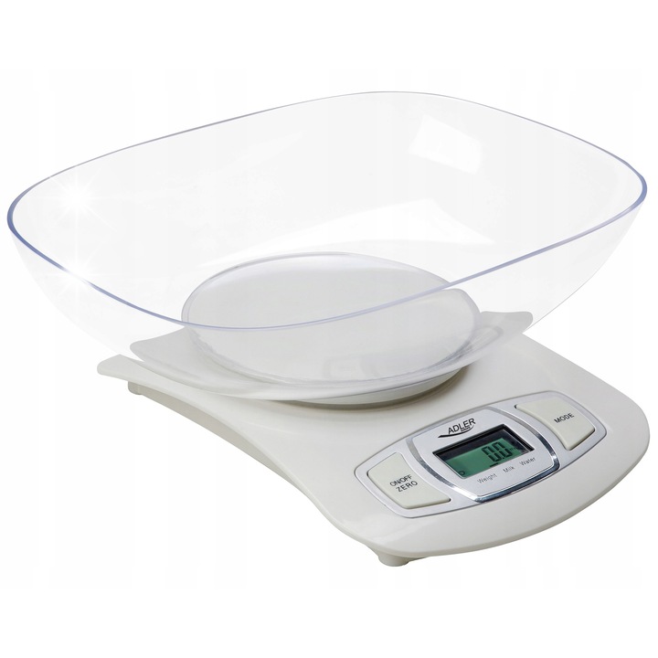 Cantar de bucatarie Adler, 5 kg, 1 g precizie, 1,5L, alb, cu bol transparent