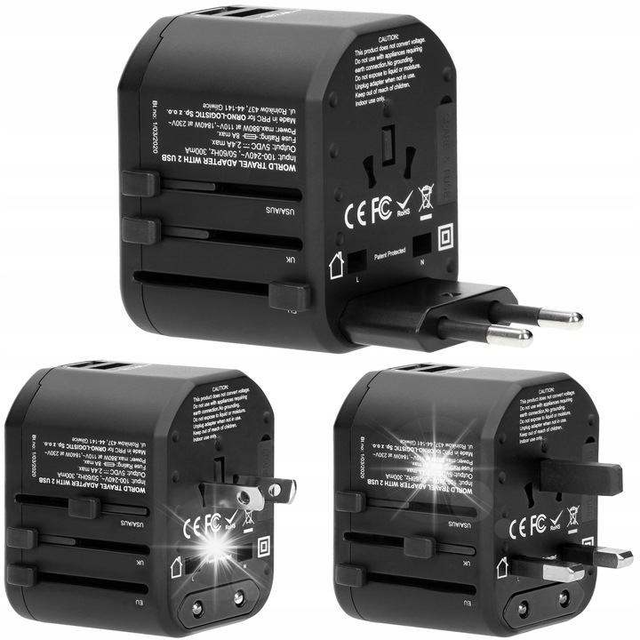 Adaptor universal de calatorie Virone, 2x USB, 100-240V, 8A, 55x68x53mm