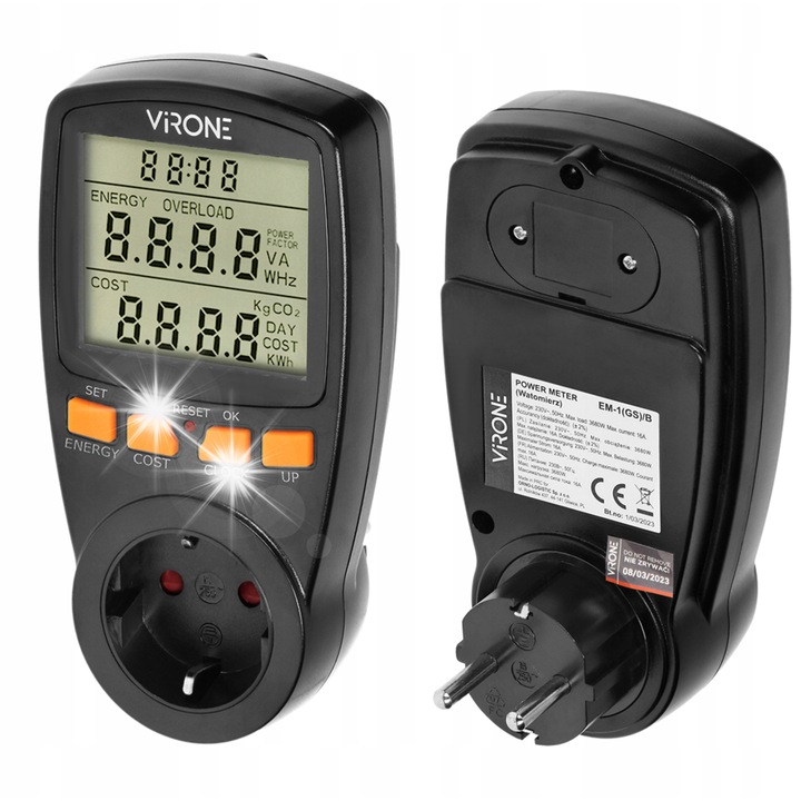 Contor de energie electrica Virone, dwutaryfowy, 3680W, negru, 75x75x147mm