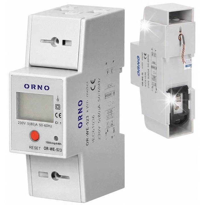 Contor de energie electrica monofazat Orno 80A, 36,5x129x65mm