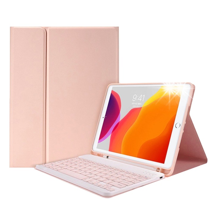 Калъф за таблет с Bluetooth клавиатура за iPad 7/8/9 10.2, розов, пълен комплект