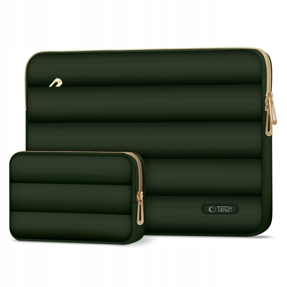 Set Etui Tech-Protect Puffy pentru laptop 15-16 inch, verde armata, dimensiuni 40,6x30x2,5cm si 21x14,5cm