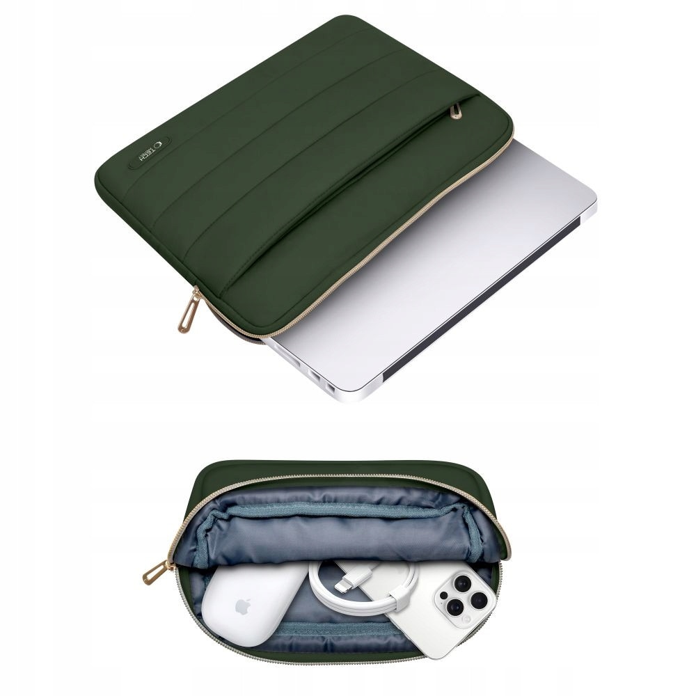 Set Etui Tech-Protect Puffy pentru laptop 15-16 inch, verde armata, dimensiuni 40,6x30x2,5cm si 21x14,5cm
