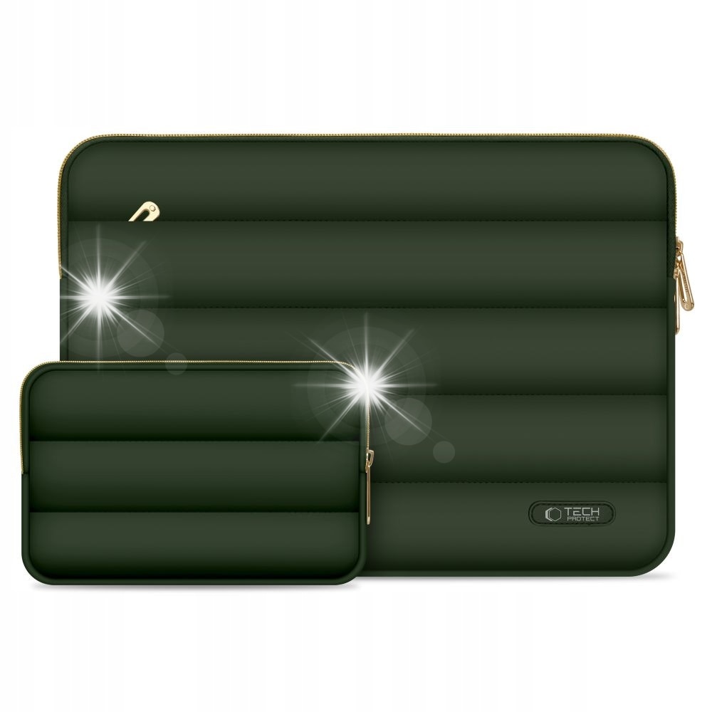 Set Etui Tech-Protect Puffy pentru laptop 15-16 inch, verde armata, dimensiuni 40,6x30x2,5cm si 21x14,5cm
