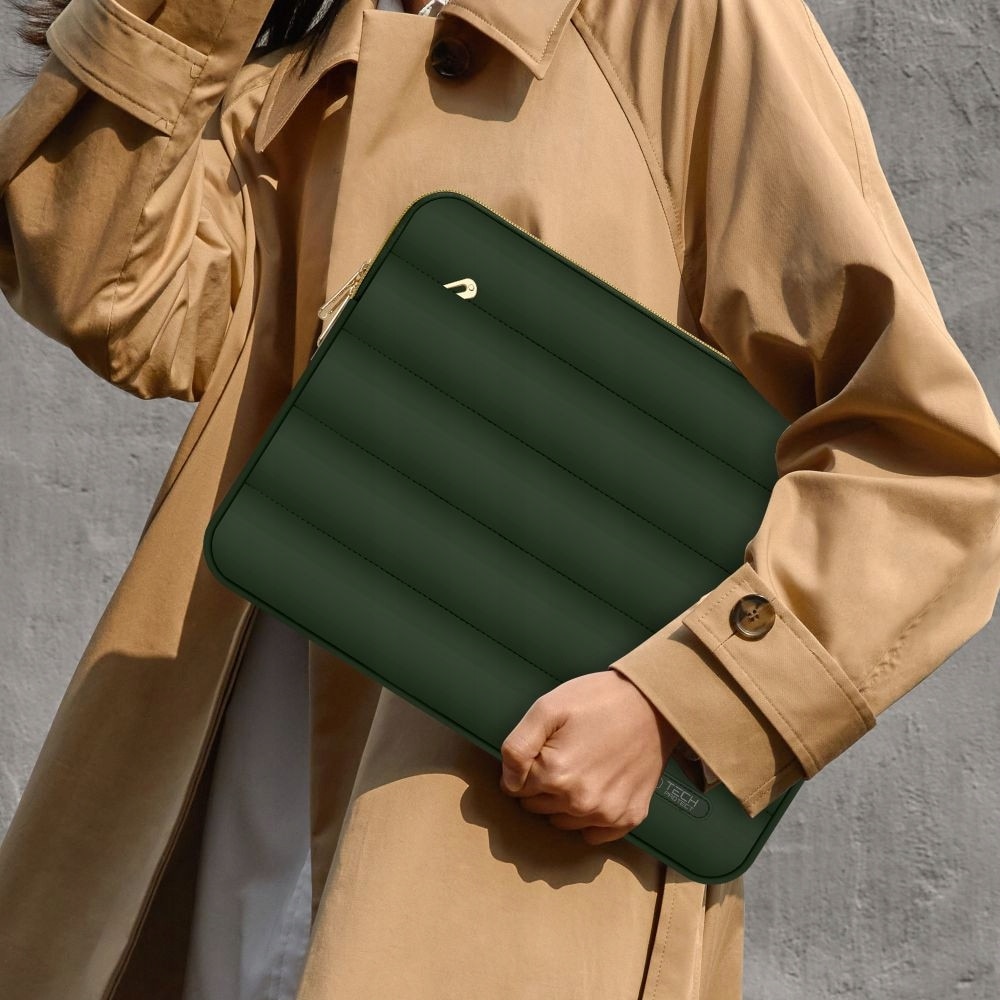 Set Etui Tech-Protect Puffy pentru laptop 15-16 inch, verde armata, dimensiuni 40,6x30x2,5cm si 21x14,5cm