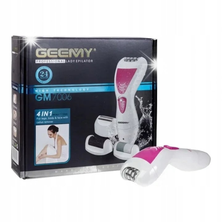 Epilator multifunctional 4 in 1, Geemy, alb+roz, set cu 4 accesorii, waterproof, utilizare umeda si uscata