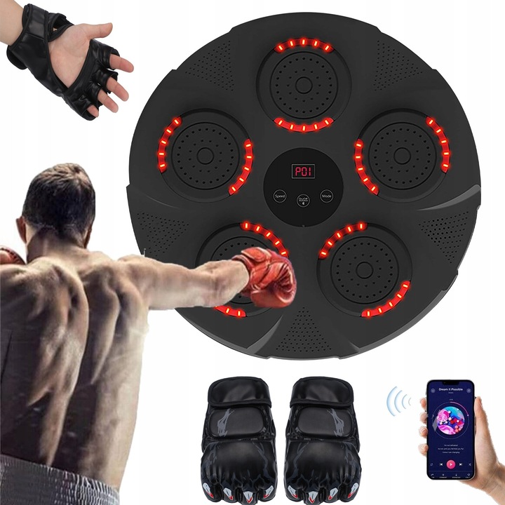 Masina de box muzicala, Bluetooth, set cu manusi de box, 9 moduri, negru, 430x430x85mm