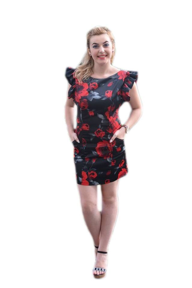 Rochie maneci cu falduri,material satinat, D&J Exclusive, Negru/Rosu